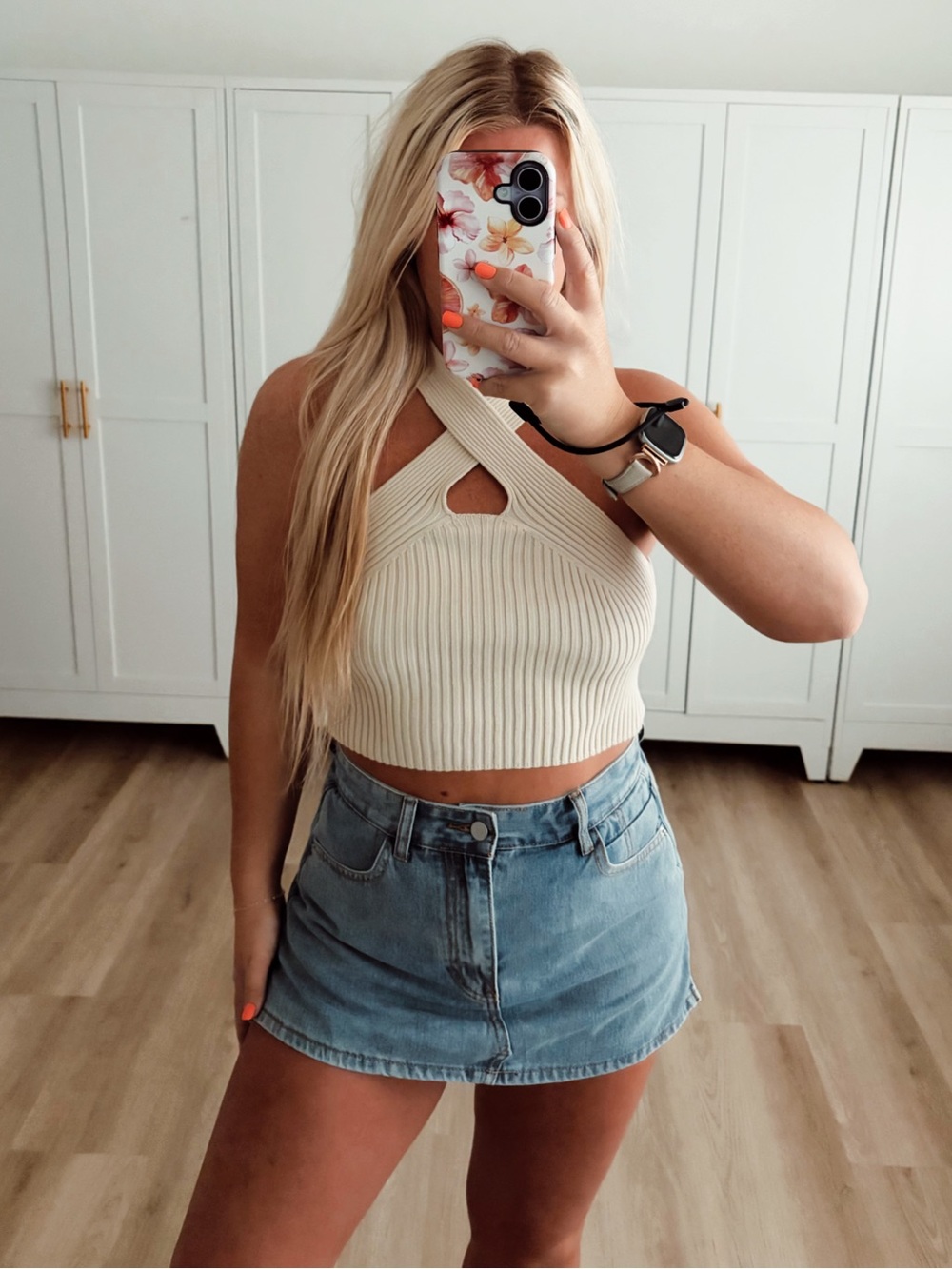 Beige cross neck halter knit crop top